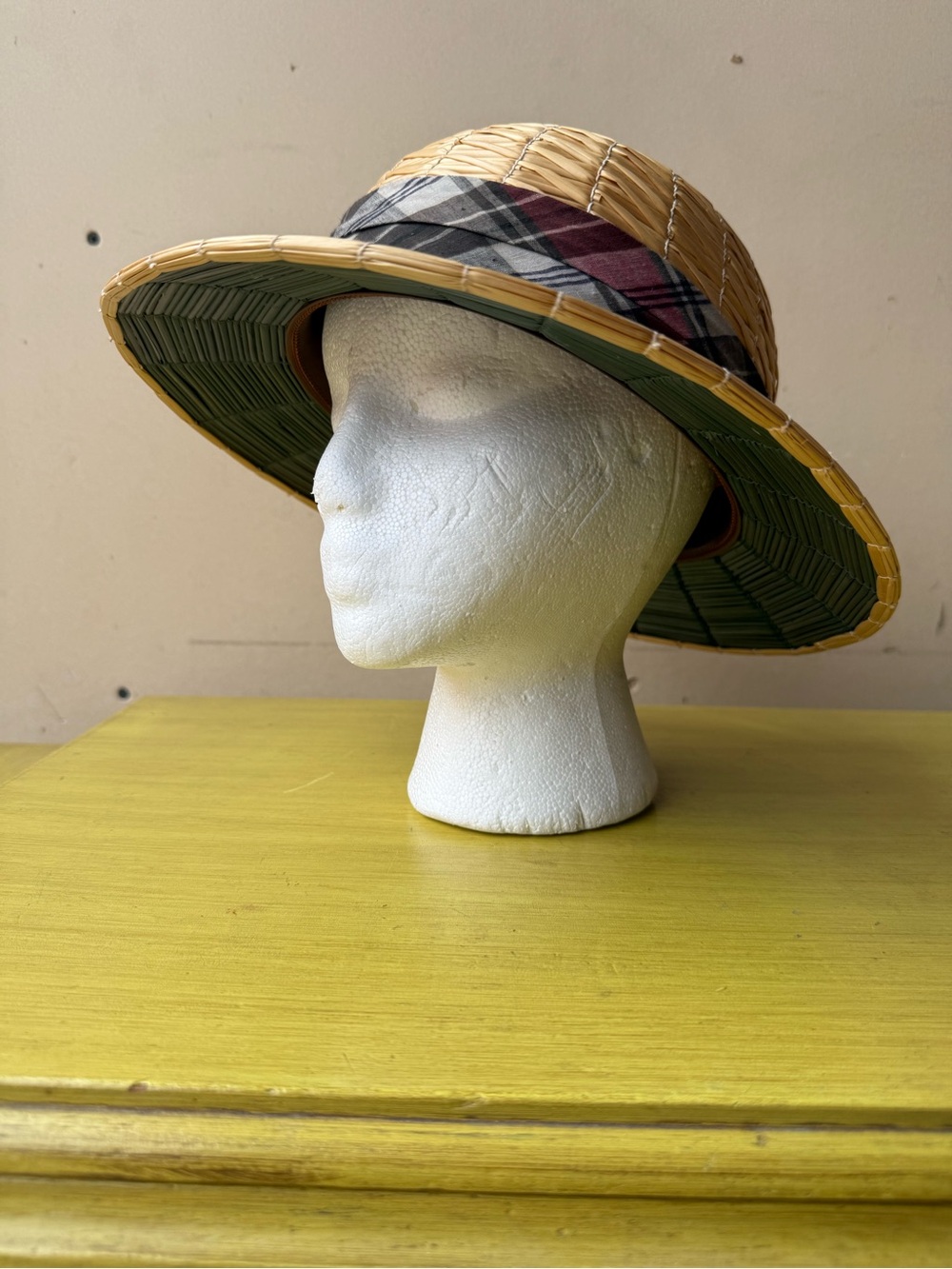 Vintage 1960s Abercrombie & Fitch Woven Straw Hat with Plaid Band - Tan